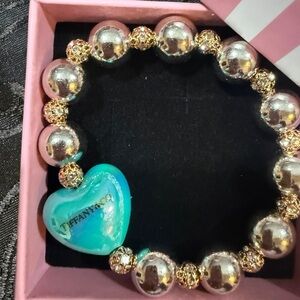Tiffany & Co. Silver and Gold Beaded Bracelet with Turquoise Heart Charm